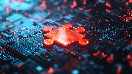 Fototapete - A puzzle piece on a digital background symbolizes the modular and interconnected nature of microservices architecture