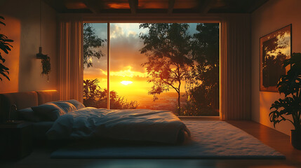 Aufkleber - A serene bedroom with a large window showing a calming sunset, cozy bed, soft lighting, and minimalist decor, ideal for optimizing sleep and creating a peaceful nighttime environment