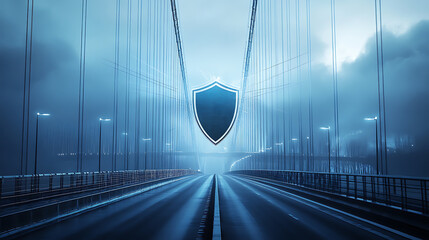 Aufkleber - A shield overlay on a bridge, symbolizing defense and protection of critical infrastructure against threats