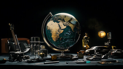 Aufkleber - A globe set on a dark surface, surrounded by auto lighting and various glass and metal objects