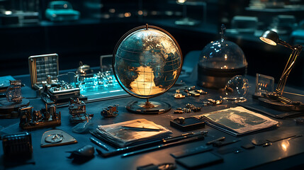 Aufkleber - A globe set on a dark surface, surrounded by auto lighting and various glass and metal objects