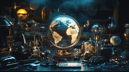 Poster - A globe set on a dark surface, surrounded by auto lighting and various glass and metal objects