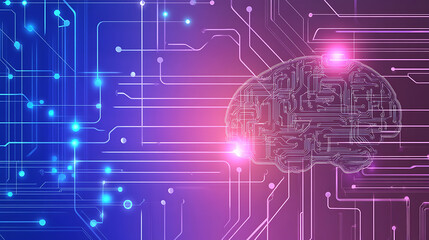 Poster - A simple vector graphic of an AI brain with connections, set against a purple and blue background, with white lines