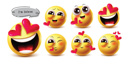 Poster - In love emoji vector characters set. In love 3d yellow emoticons with happy, attract, obsessed, cute face and lovely smiling  emojis character collection elements. Vector illustration heart emoji 