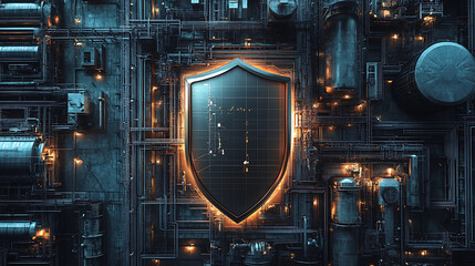 Poster - A shield overlaying an industrial facility symbolizes the protection of critical infrastructure in ukraine against threats