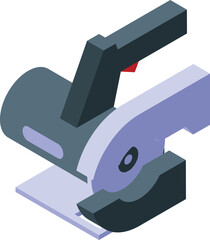 Poster - Electric circular saw cutting a plank of wood, isometric view, for construction and carpentry concepts