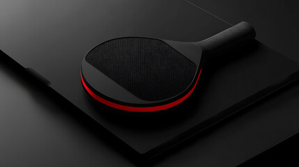 Poster - A mockup of a black and red table tennis racket with a ball, shown in a no-gravity setting, ideal for a ping-pong game template