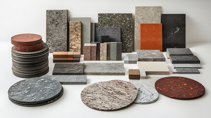 Poster - A variety of stone and tile samples in different colors and textures arranged in a semi-circle, showcasing options for floor design