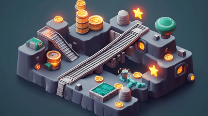 Leinwandbilder - A retro arcade game level map interface with underground factory elements, featuring traps, steel platforms, coins, and golden stars, designed for a console or computer game