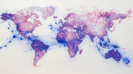 Aufkleber - A world map made of dots and lines, connecting cities across the globe, with blue-colored lines on the left side and purple-red dots on the right side
