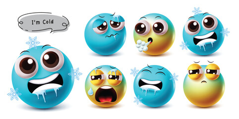 Poster - cold 3d emoji vector characters set. frozen emojis like cold, sad, blow, cry and unhappy facial expr
