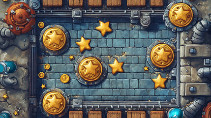 Leinwandbilder - A retro arcade game level map interface with underground factory elements, featuring traps, steel platforms, coins, and golden stars, designed for a console or computer game