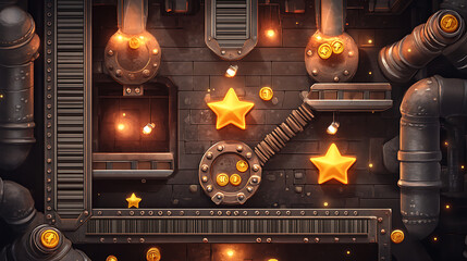 Poster - A retro arcade game level map interface with underground factory elements, featuring traps, steel platforms, coins, and golden stars, designed for a console or computer game