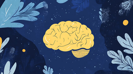 Poster - A yellow brain on a blue background, a simple flat illustration with bold lines and shapes, high contrast, and contrasting colors of dark gray and light navy blue