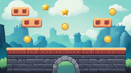 Poster - A retro arcade game level map interface with underground factory elements, featuring traps, steel platforms, coins, and golden stars, designed for a console or computer game