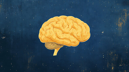 Poster - A yellow brain on a blue background, a simple flat illustration with bold lines and shapes, high contrast, and contrasting colors of dark gray and light navy blue