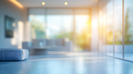 Poster - Blurred view of light living room with sofa and soft bench, unfocused background photo, selective focus
