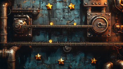 Leinwandbilder - A retro arcade game level map interface with underground factory elements, featuring traps, steel platforms, coins, and golden stars, designed for a console or computer game