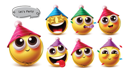 Poster - Birthday party emoji vector character set. 3d emojis happy birthday emoticon character wearing colorful hat in star eye, blowing, happy, naughty and cute facial expression collection elements. Vector 