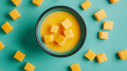 Poster - Bowl of tasty cheddar sauce with cheese cubes on green background