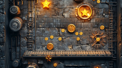 Leinwandbilder - A retro arcade game level map interface with underground factory elements, featuring traps, steel platforms, coins, and golden stars, designed for a console or computer game