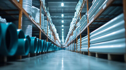 Leinwandbilder - A row of plastic pipes is stacked in a store or warehouse