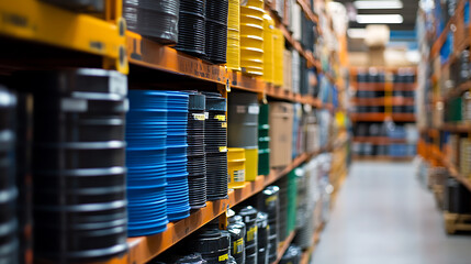 Aufkleber - A row of plastic pipes is stacked in a store or warehouse