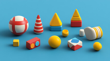 Aufkleber - A set of simple geometric shapes designed as blocks for children's play, presented as 3D cartoon items for developmental activities