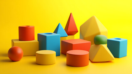 Poster - A set of simple geometric shapes designed as blocks for children's play, presented as 3D cartoon items for developmental activities