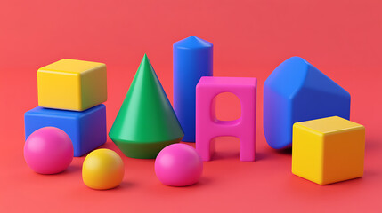 Poster - A set of simple geometric shapes designed as blocks for children's play, presented as 3D cartoon items for developmental activities