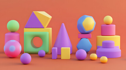 Poster - A set of simple geometric shapes designed as blocks for children's play, presented as 3D cartoon items for developmental activities