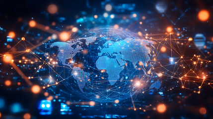 Fototapete - Abstract global network concept with a world map and connection lines, a technology background in white and grey colors
