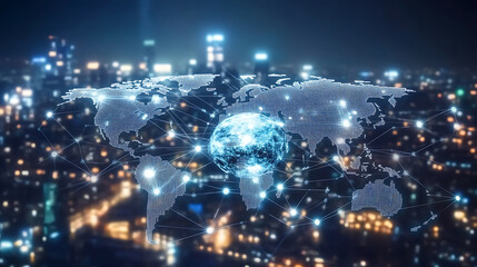 Poster - Abstract global network concept with a world map and connection lines, a technology background in white and grey colors
