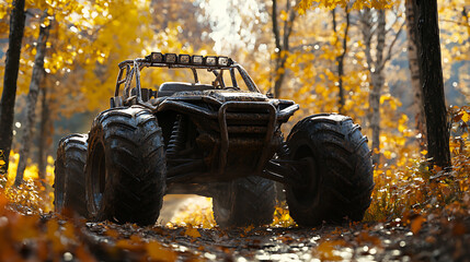 Poster - Close-up of an off-road adventure, featuring the front view of a rugged all-terrain vehicle with large tires and high accents in an autumn forest