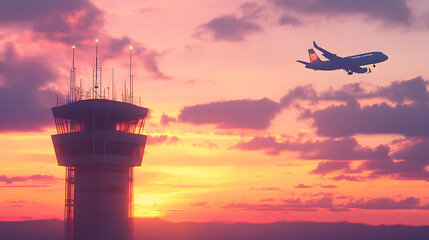 Wall Mural - Air traffic control tower and airplane during sunset