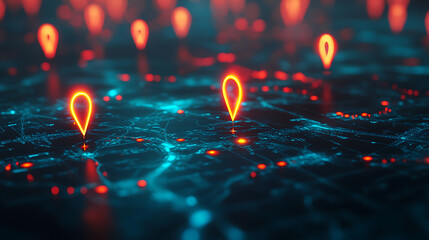 Fototapete - Abstract digital map with glowing location pins on a blue background, an AI and technology concept