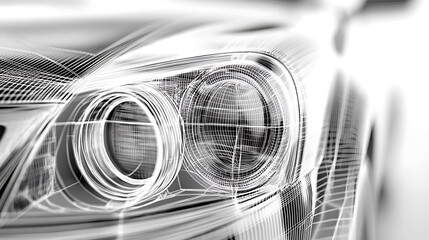 Poster - Closeup on headlight of a generic and unbranded wireframe car