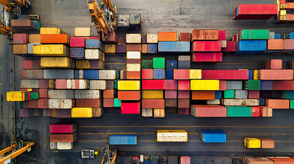 Poster - An aerial view of an international port with many colorful shipping containers stacked together, surrounded by cranes and trucks in the background