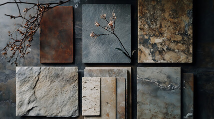 Aufkleber - An assortment of stone tile samples showcasing various textures and colors for interior design projects