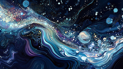 Poster - An illustration of an abstract stream conveys themes of artificial intelligence, big data, technology, data transfer, data flow, large language models, and