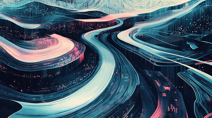 Poster - An illustration of an abstract stream conveys themes of artificial intelligence, big data, technology, data transfer, data flow, large language models, and