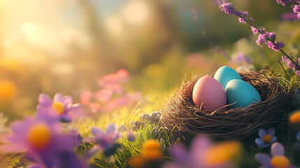Aufkleber - Colorful easter eggs in a nest on a flowery meadow - banner