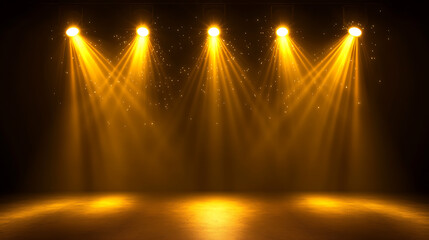 Poster - Gold spotlight background, Illuminated golden stage, Background for displaying products, Bright beams of spotlights, shimmering glittering particles, a spot of light