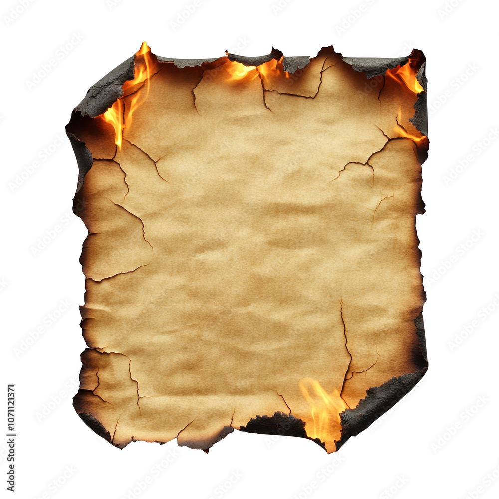 burnt paper sheet with charred edges and hole in corner, evoking sense ...