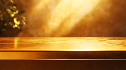 Aufkleber - Golden steel countertop, empty shelf, Kitchen counter on gold background with spot light, Bar desk surface in foreground