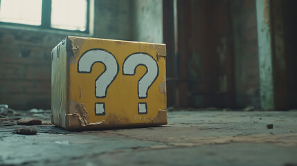 Poster - An indoor still-life photo of a small yellow box with a large white question mark printed on each side, reminiscent of a graphic element from a well-known platform video game