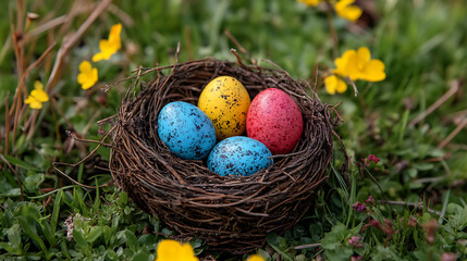Aufkleber - Colorful easter eggs in a nest on a flowery meadow - banner