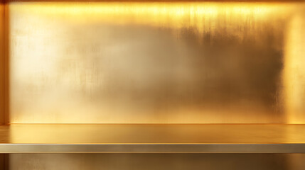 Aufkleber - Golden steel countertop, empty shelf, Kitchen counter on gold background with spot light, Bar desk surface in foreground