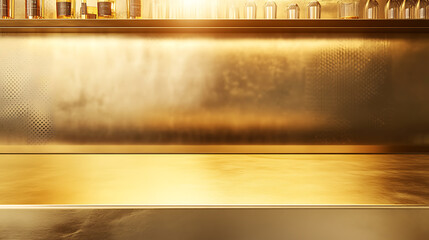 Poster - Golden steel countertop, empty shelf, Kitchen counter on gold background with spot light, Bar desk surface in foreground