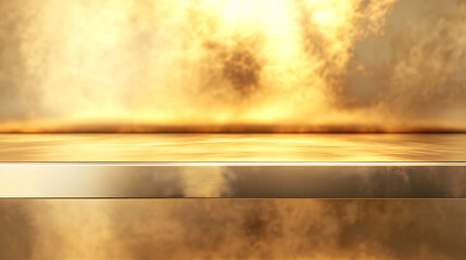 Aufkleber - Golden steel countertop, empty shelf, Kitchen counter on gold background with spot light, Bar desk surface in foreground